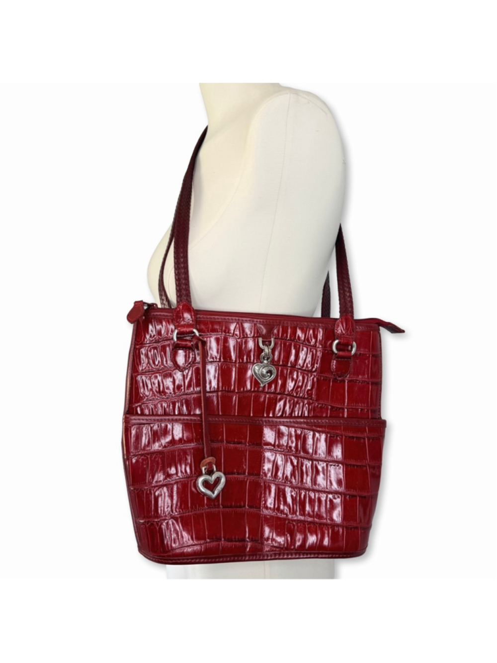 Brighton Red Croc Embossed Leather Penelope Heart Charm Bucket Shoulder Bag